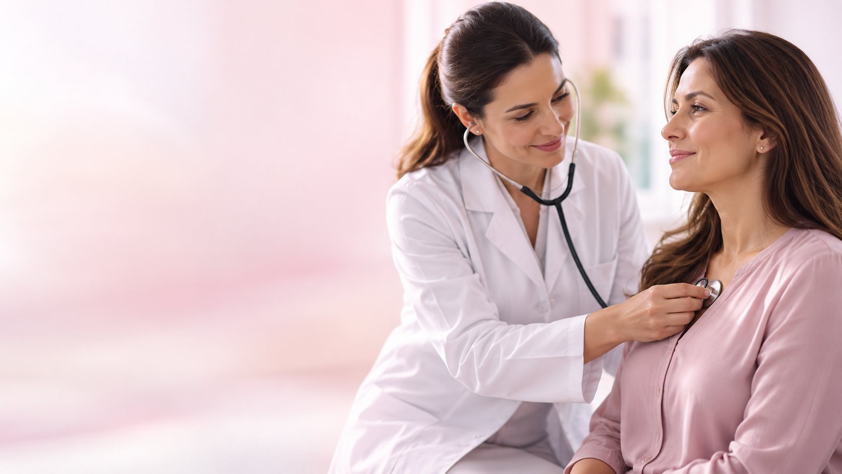 Médica auscultando uma paciente com estetoscópio em consulta